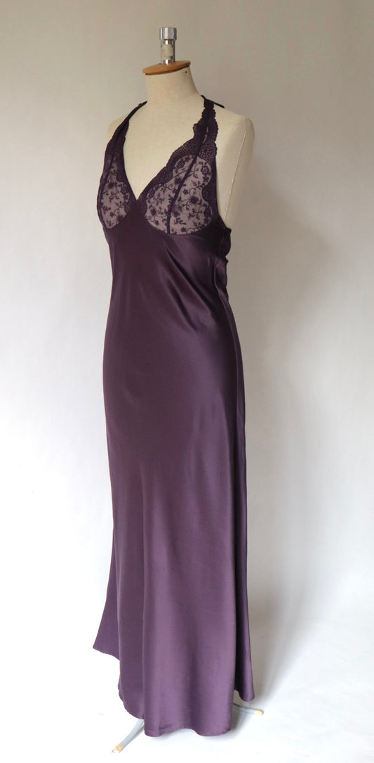 Vanity Fair long satin purple slipdress with lace details size M