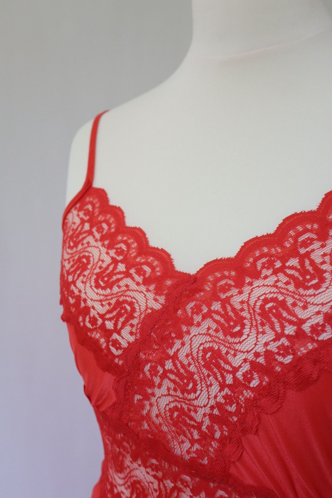 Red long slipdress with deep slit on the side and lace details , size XL