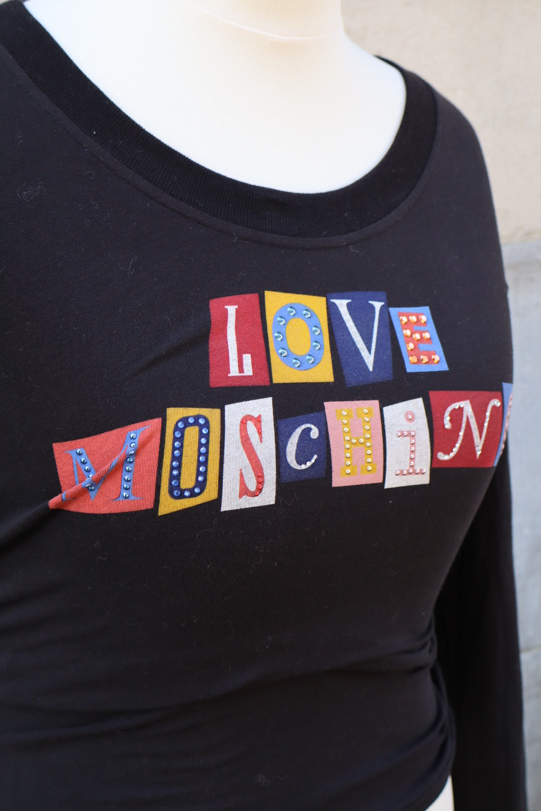 LOVE MOSCHINO longsleeve, cutout patchwork letters, size L