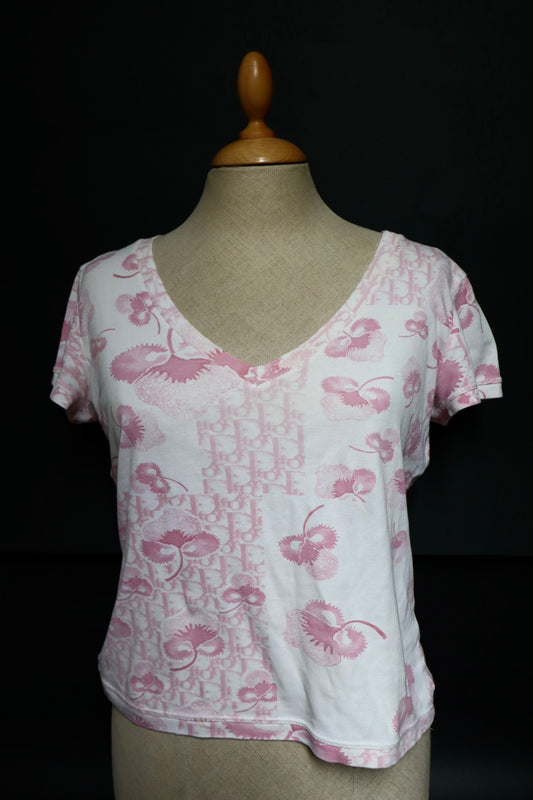 Dior by John Galliano S/S RTW 2004 girly collection T-shirt, pink cherryblossom oblique print size M/L