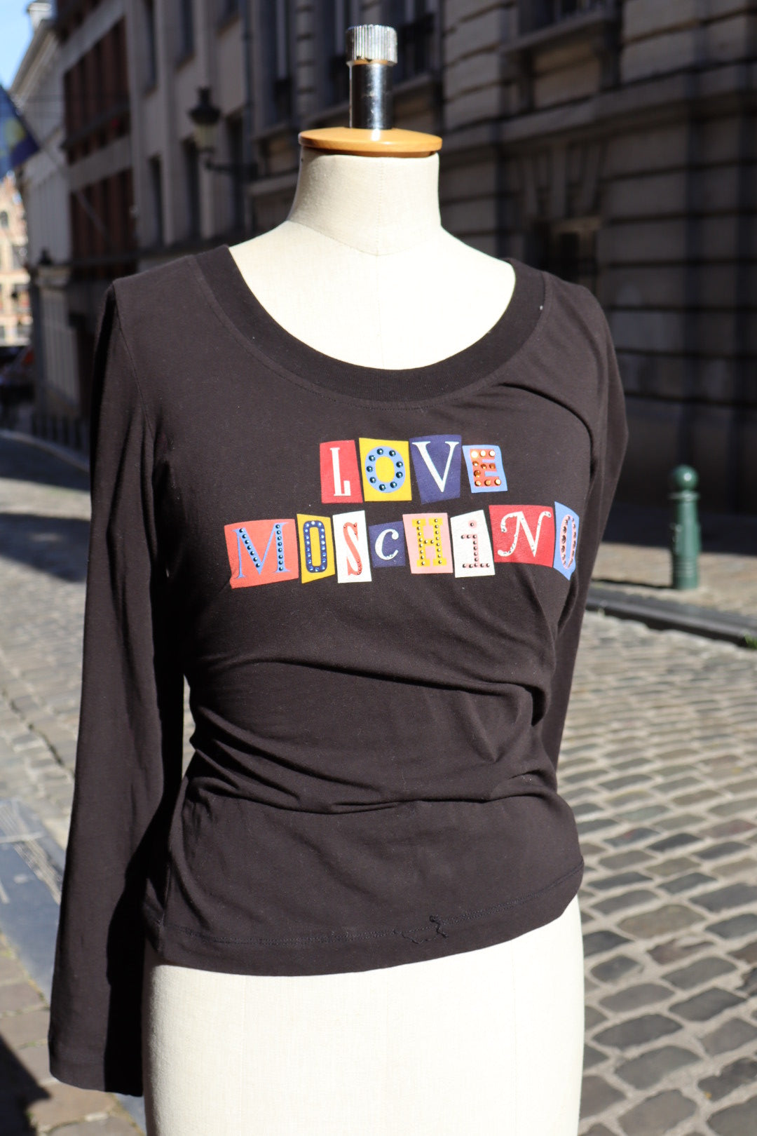 LOVE MOSCHINO longsleeve, cutout patchwork letters, size L