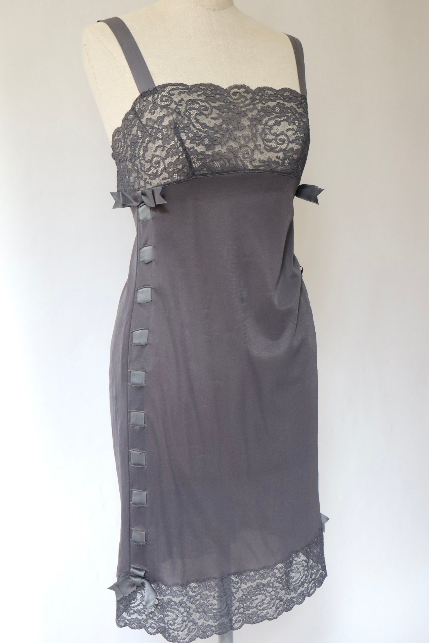 Grey Christian Dior slipdress with lace and bows size M