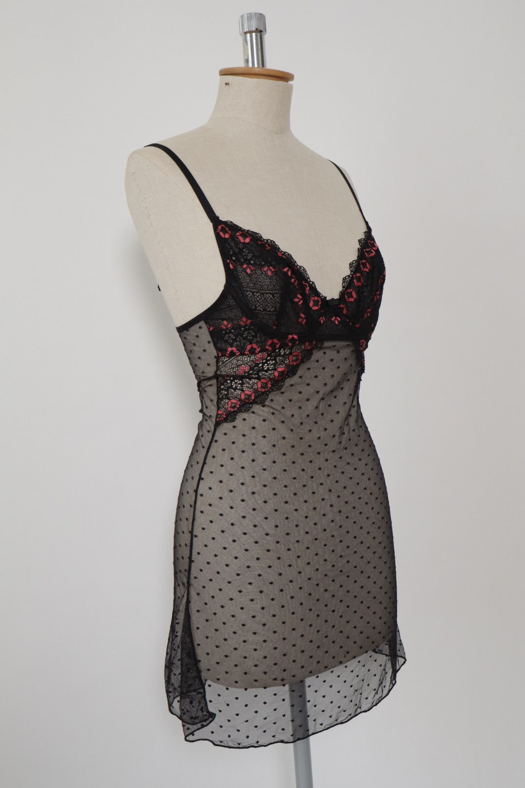 Transparent slipdress size S black with pink lace flowers on the cups
