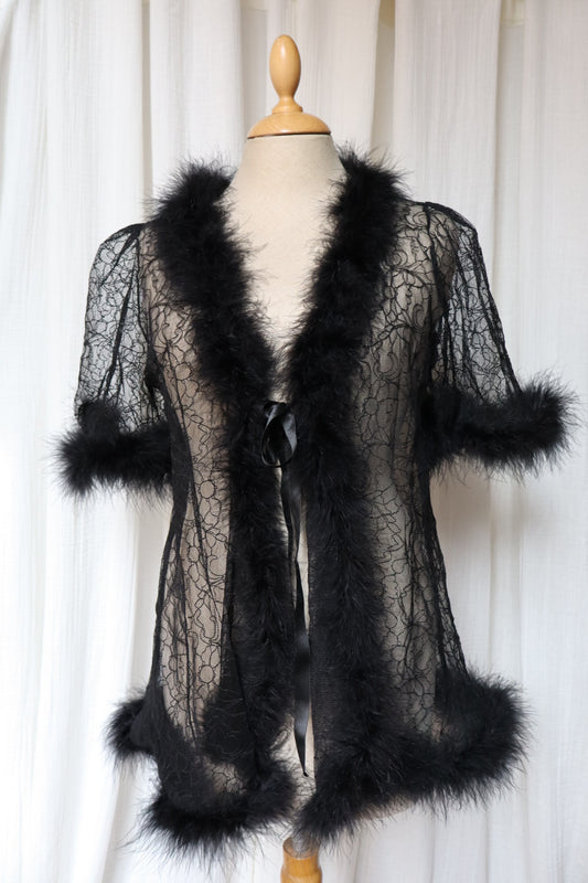 Lace & feather trim set: slipdress & dressing robe, size M (Made in France)