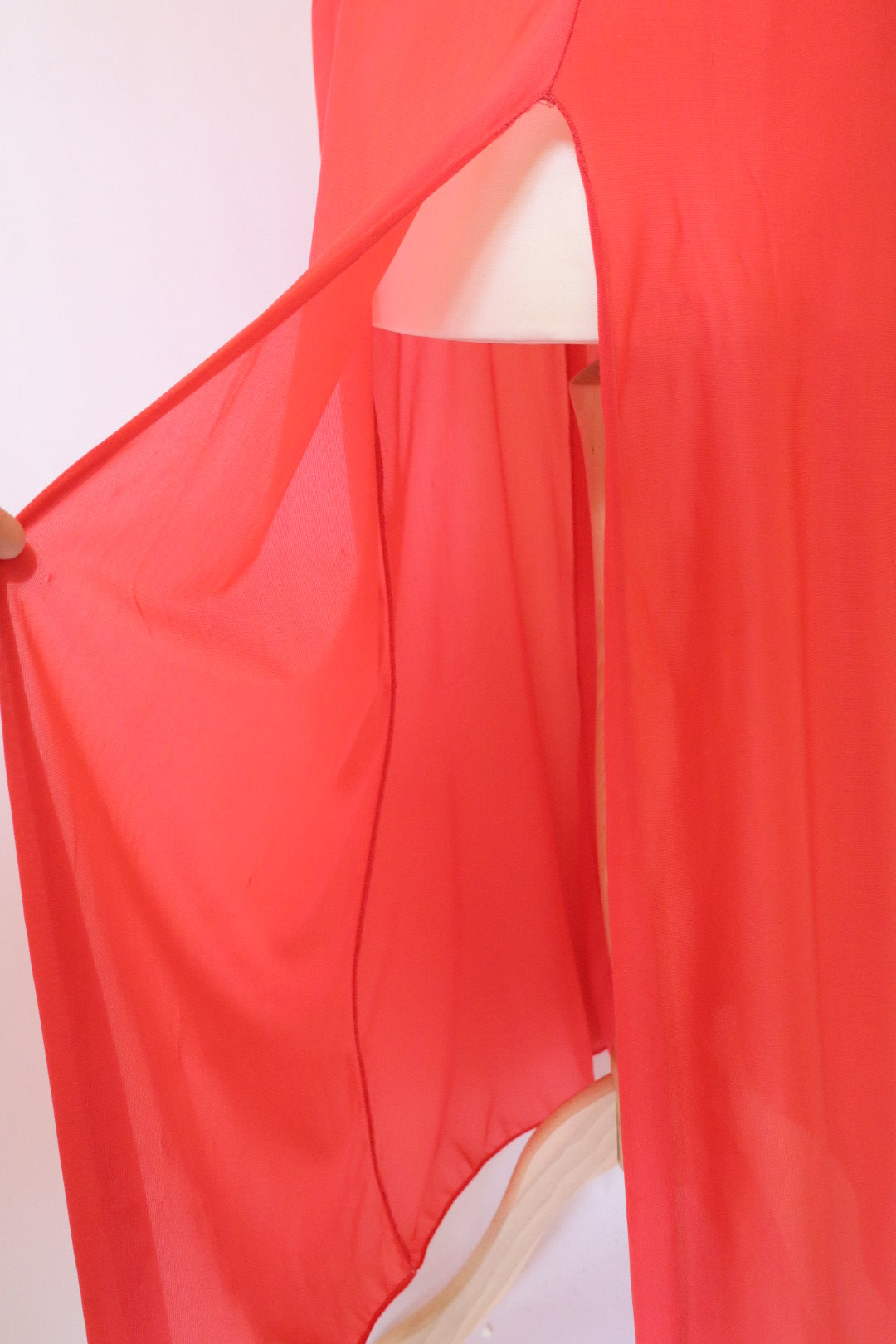 Red long slipdress with deep slit on the side and lace details , size XL