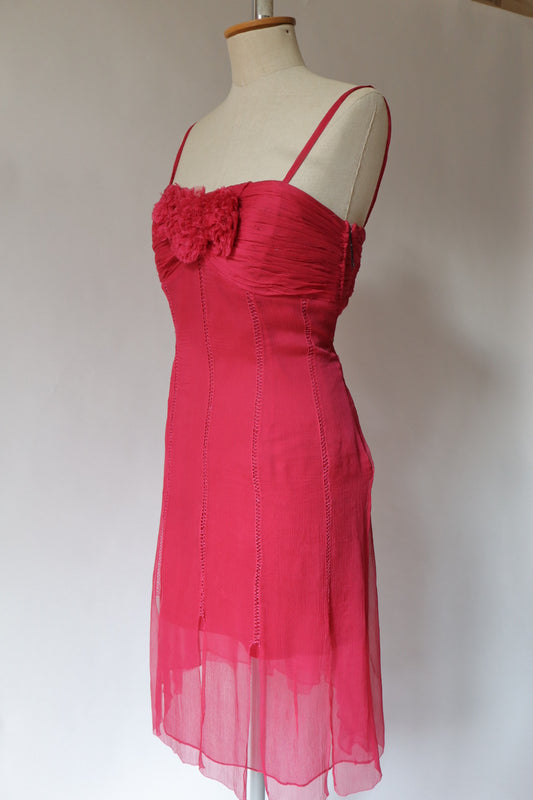 Pinkish red silk dress with flower details - size L
