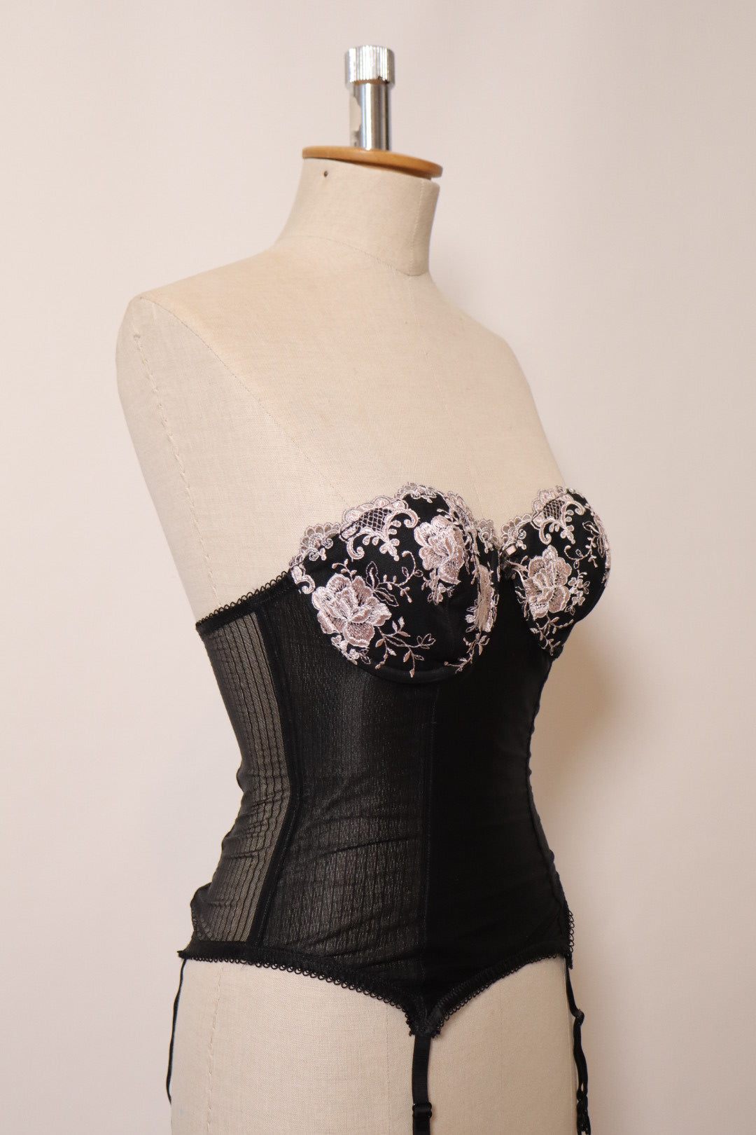Black bustier with pink lace flower details, size M - C cup