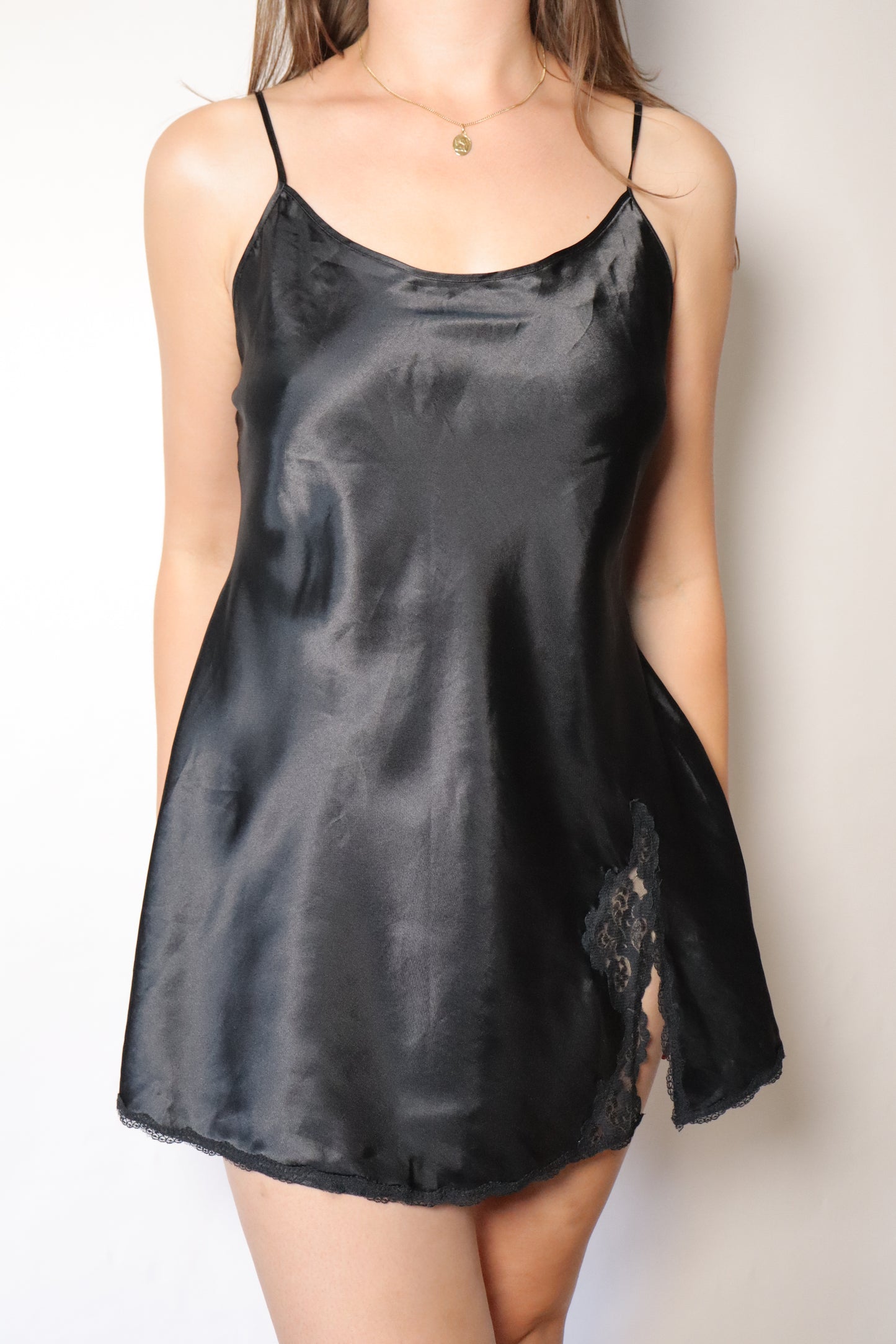 Black satin slipdress size Large open back