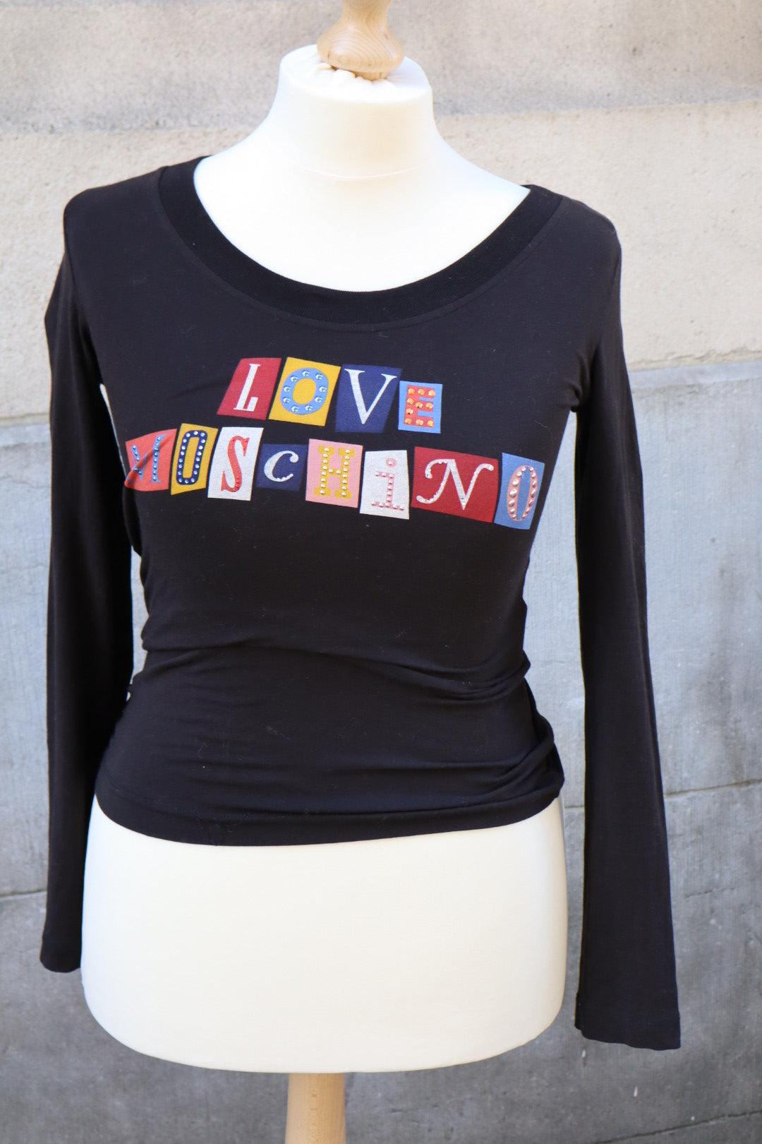 LOVE MOSCHINO longsleeve, cutout patchwork letters, size L