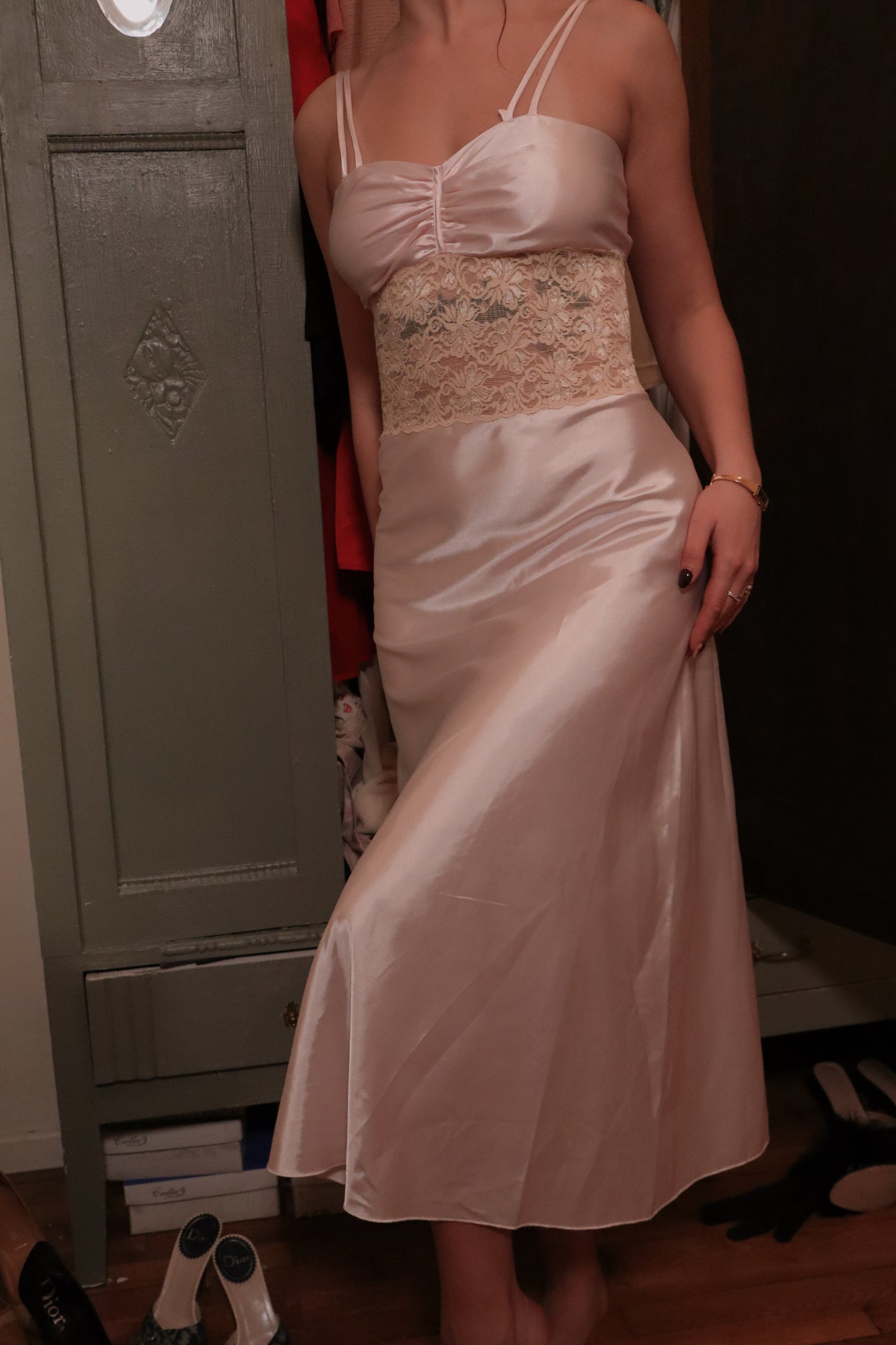 Nina Ricci long satin and lace soft pink slipdress size S - M