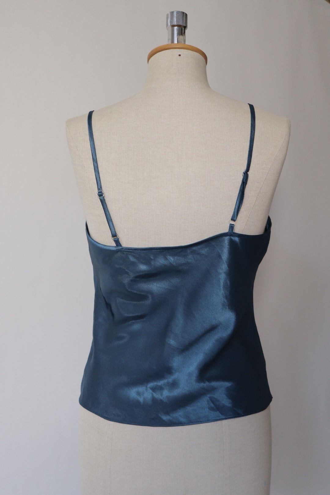 Satin blue cami top with little roses on the neckline size M