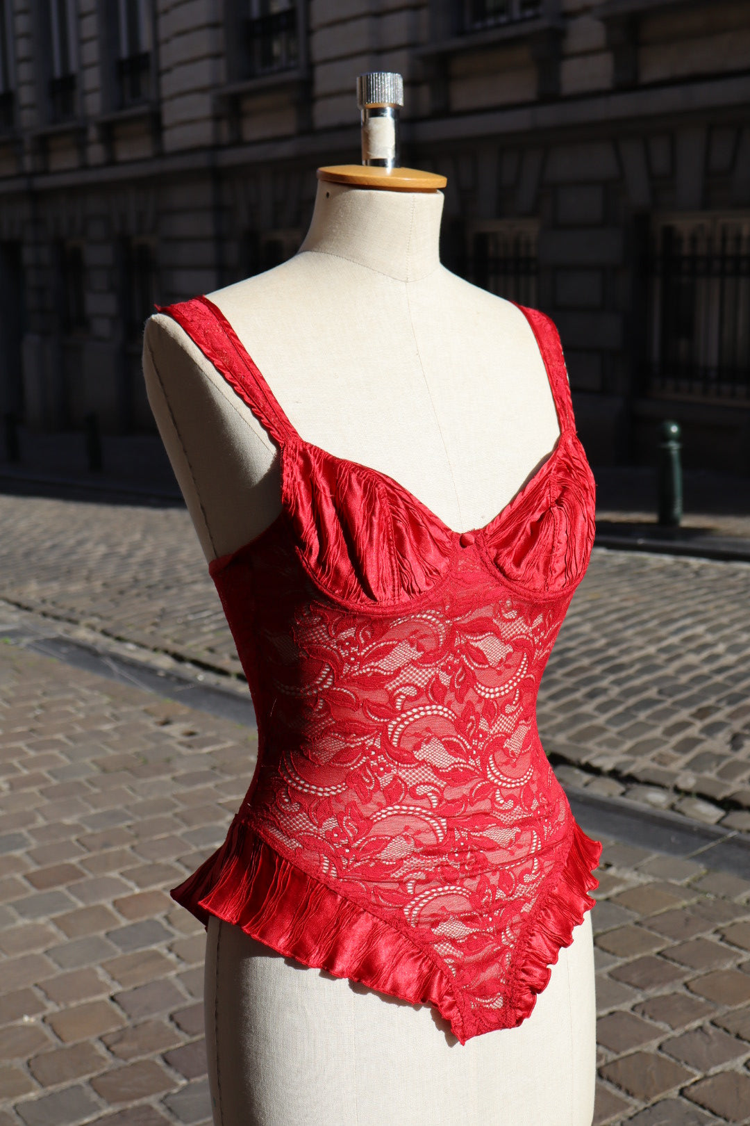 Red lace body with satin cups, size XS