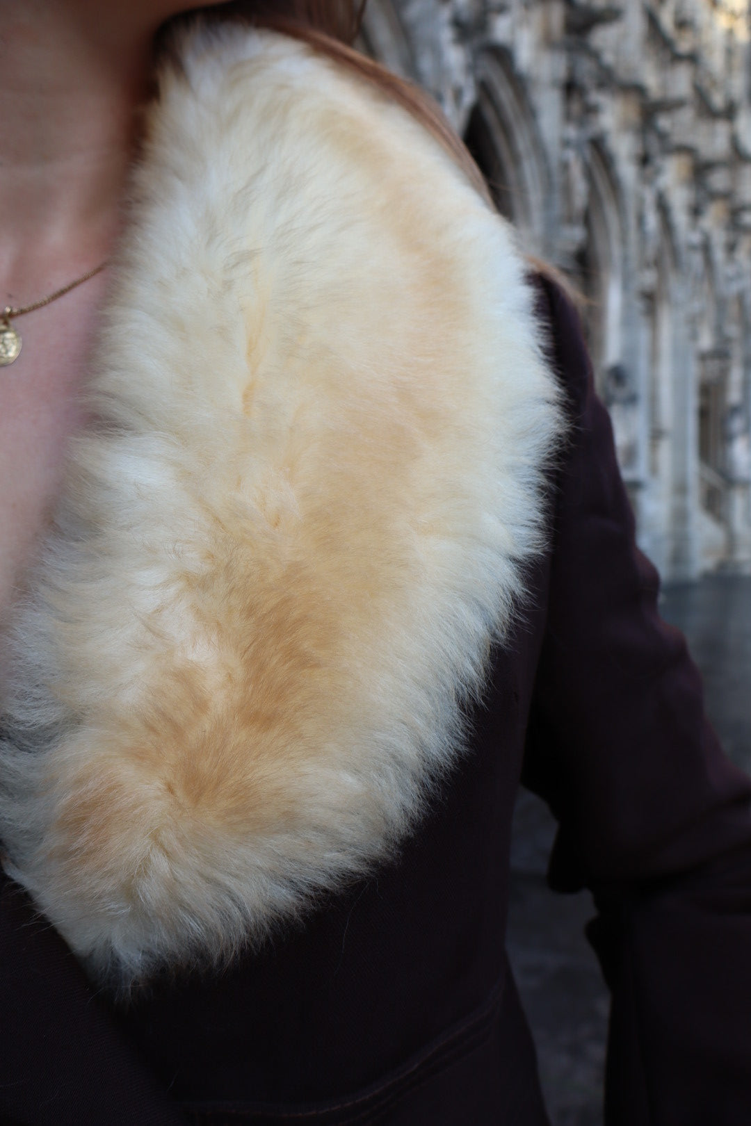 Long brown coat with fur collar, sizes S up to L