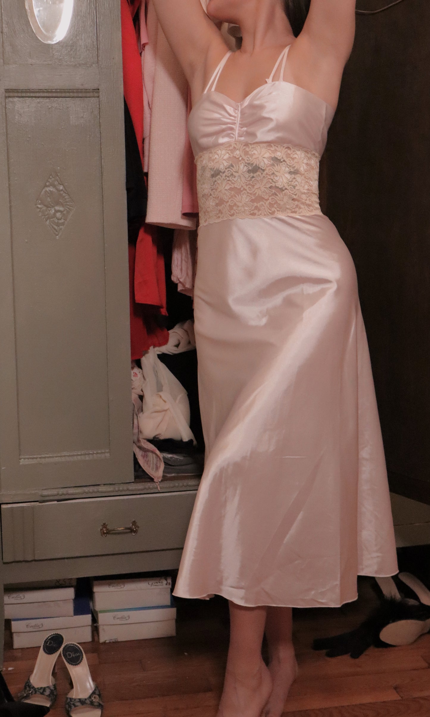 Nina Ricci long satin and lace soft pink slipdress size S - M