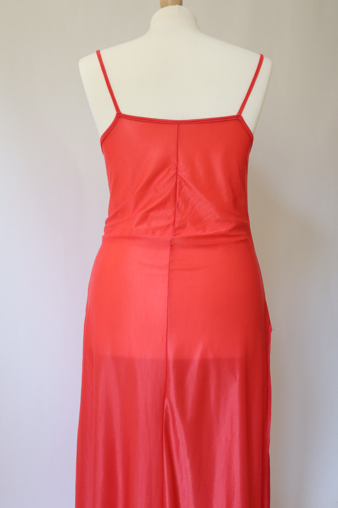 Red long slipdress with deep slit on the side and lace details , size XL