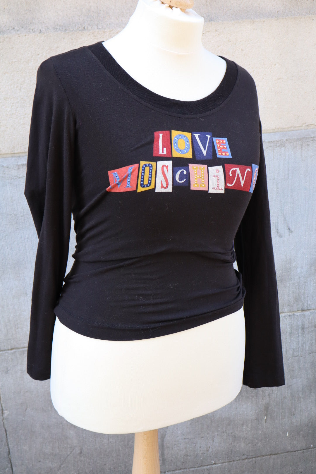 LOVE MOSCHINO longsleeve, cutout patchwork letters, size L