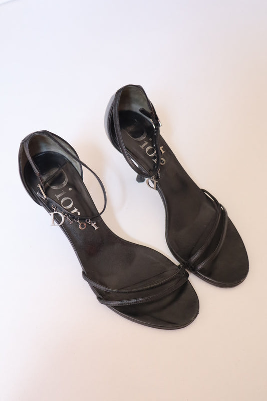 Dior by John Galliano black leather heels with Dior logo in silver hardware size 37.5