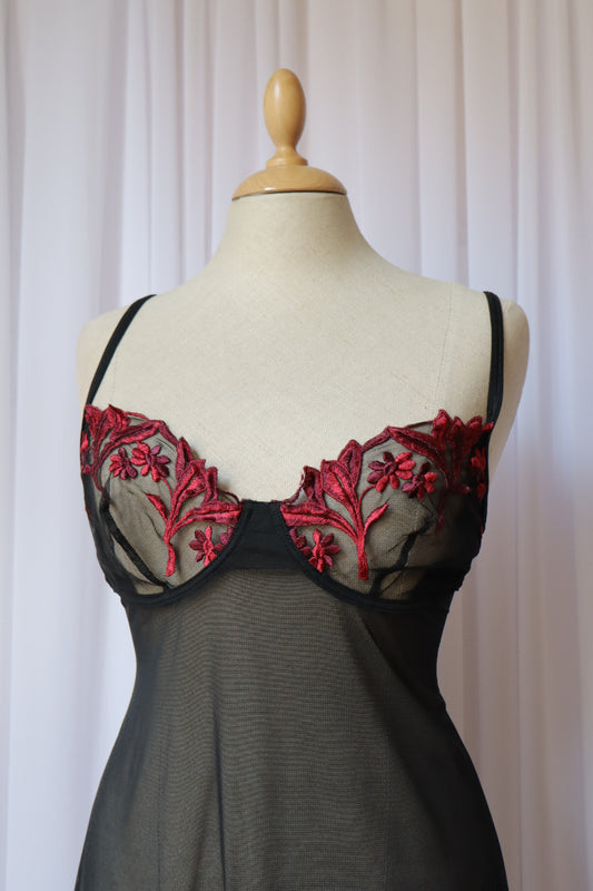 Sheer black slipdress with red lace details, size L