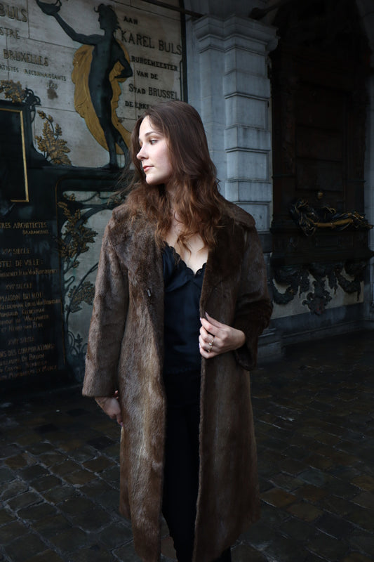 Long brown fur coat, size S/M