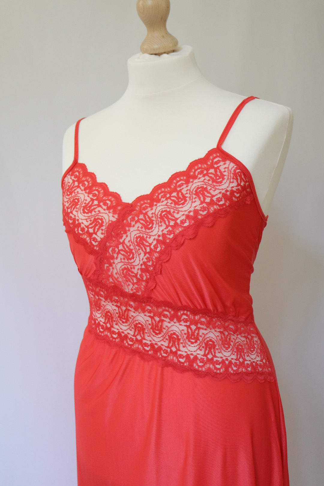 Red long slipdress with deep slit on the side and lace details , size XL