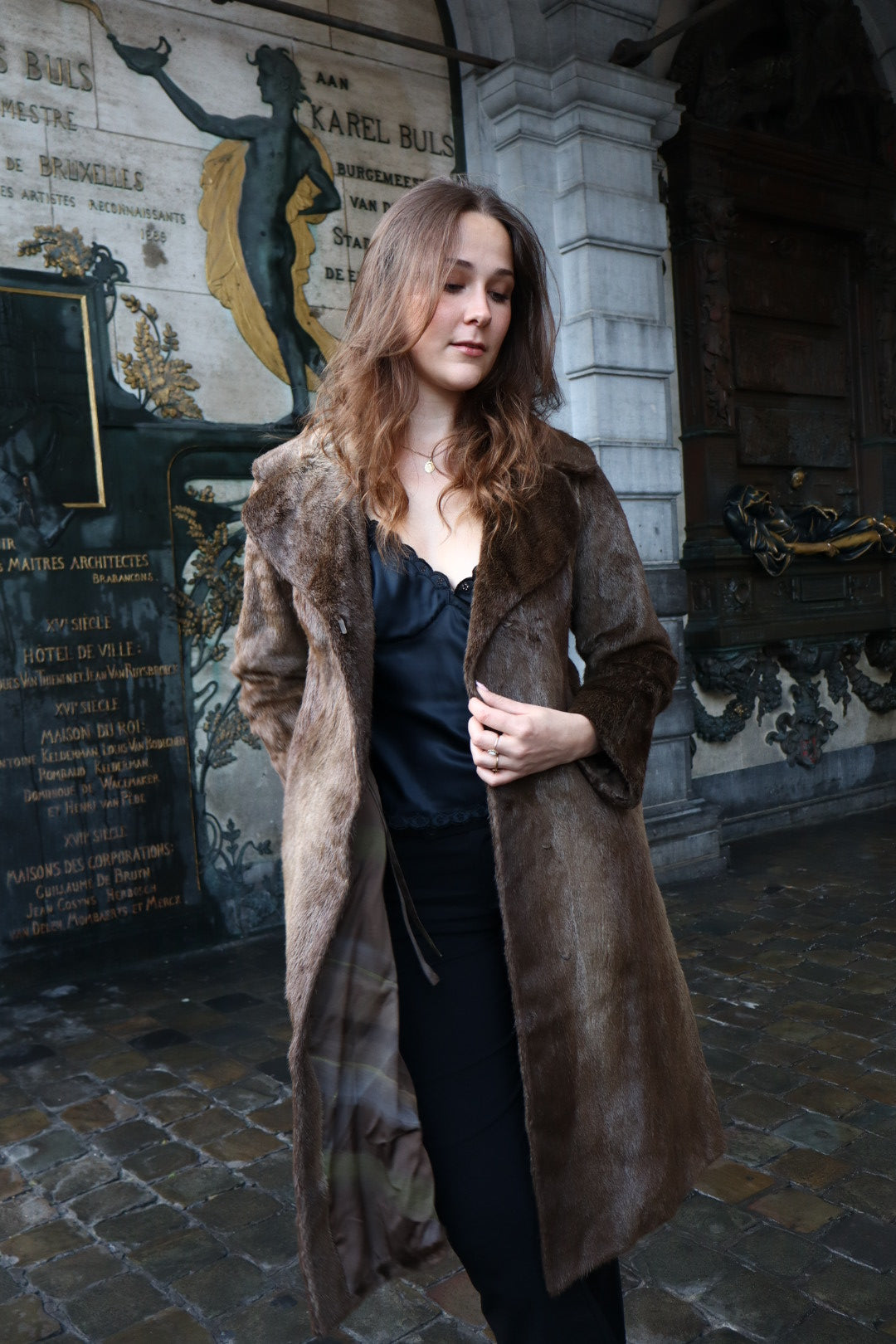 Long brown fur coat, size S/M