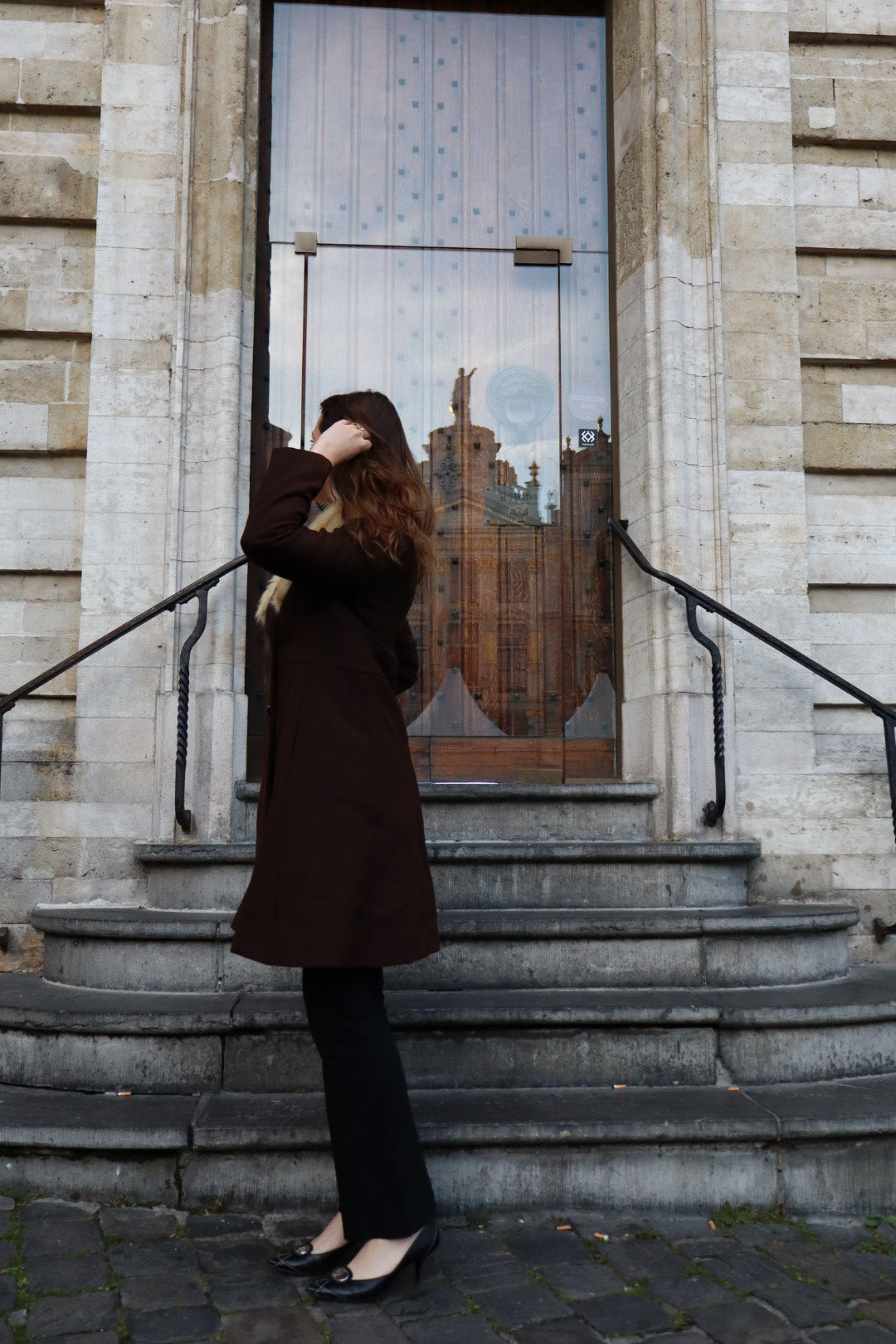Long brown coat with fur collar, sizes S up to L