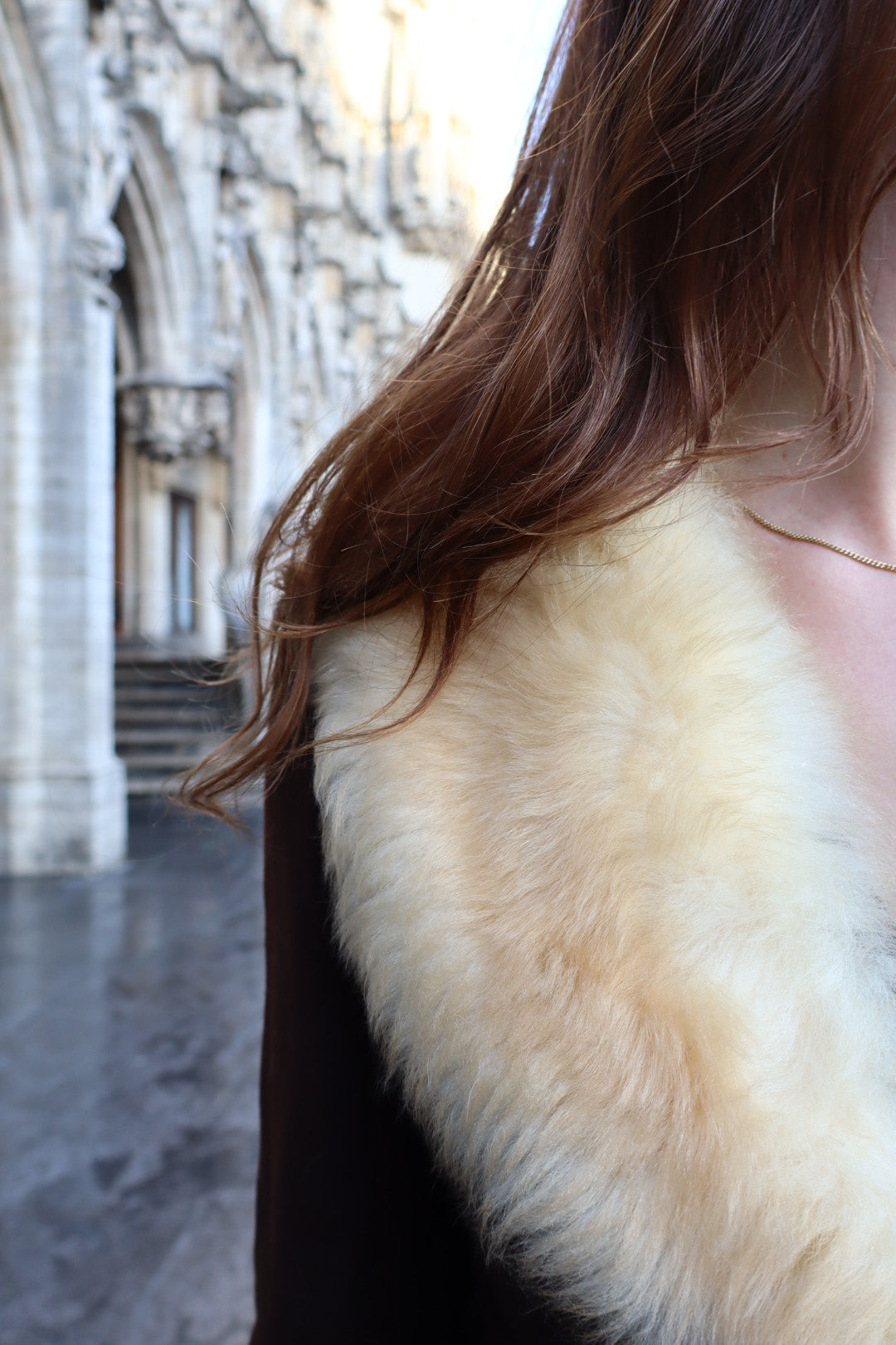 Long brown coat with fur collar, sizes S up to L