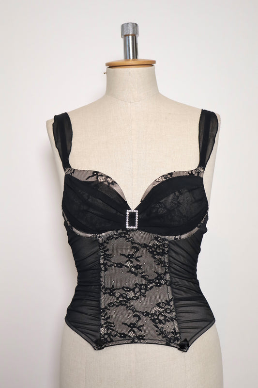 Nineties bustier black lace with strass buckle detail Size small