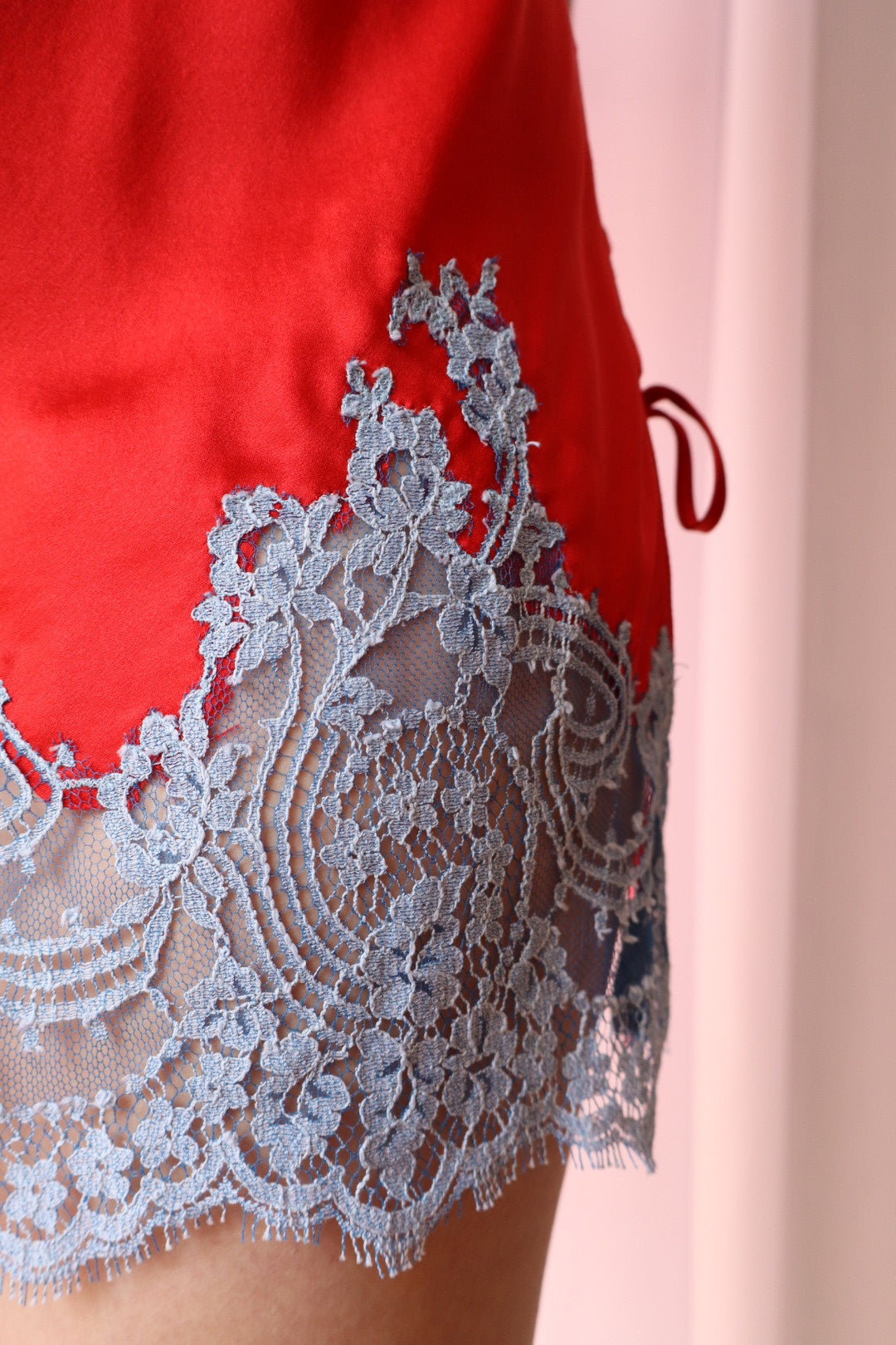 100% silk Marjolaine slipdress, red with blue lace details - size L/XL