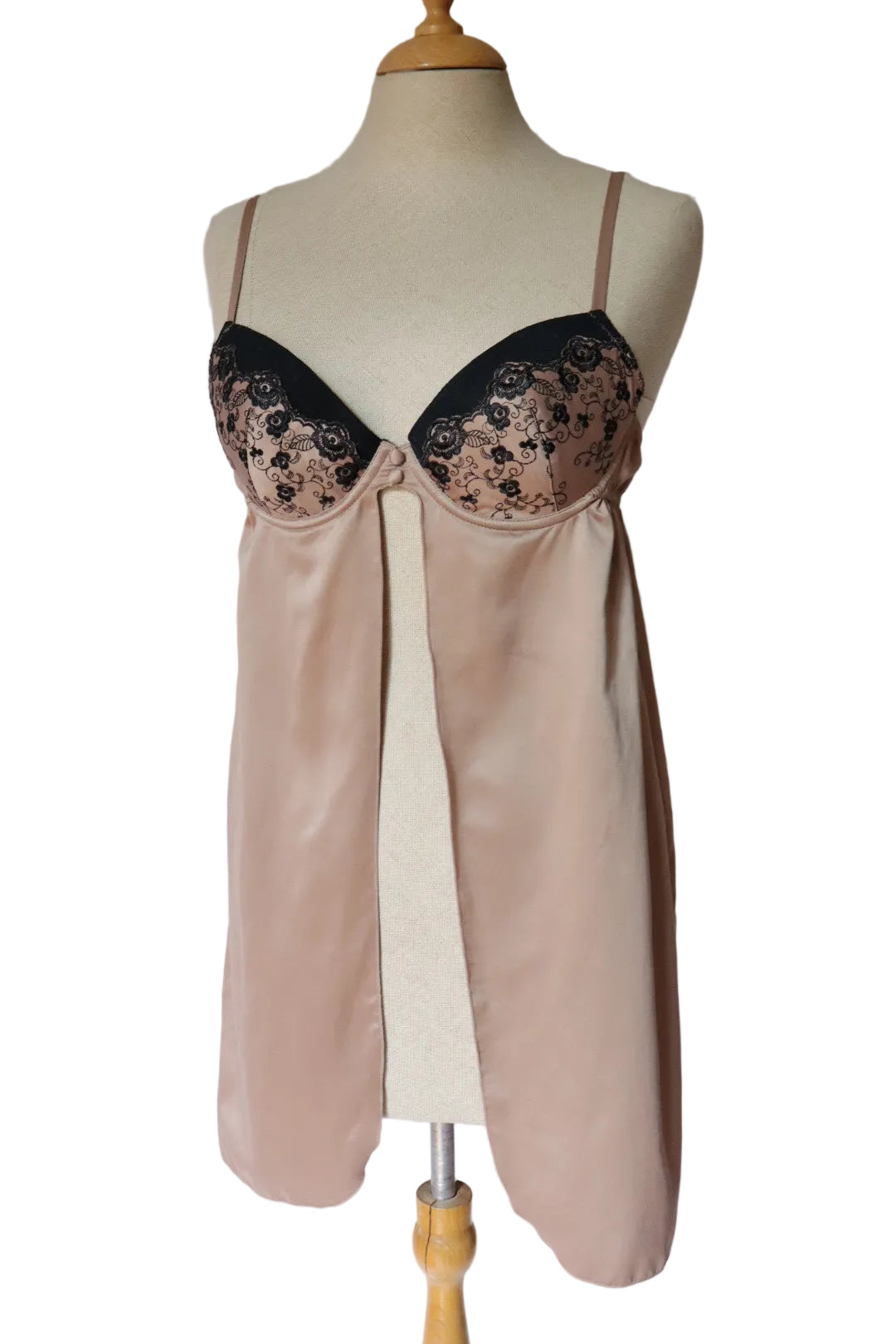 Champagne babydoll with black lace details - size S
