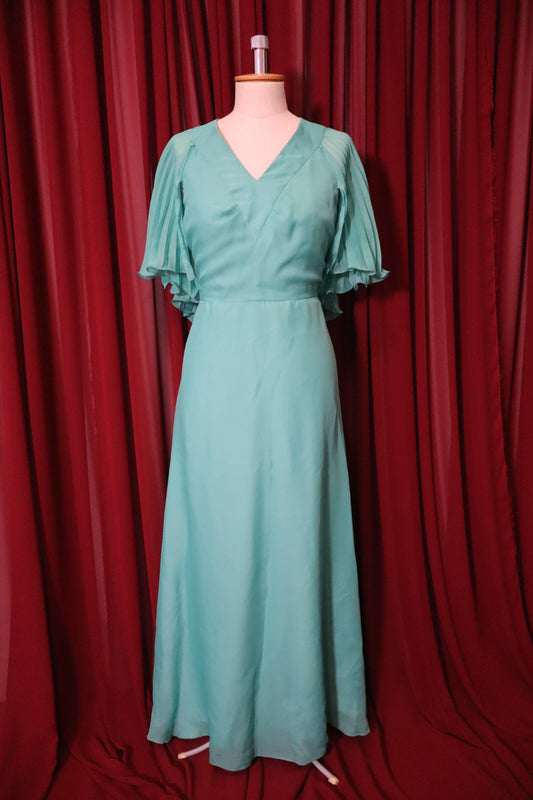 1970’s turquoise long gown with pleaded cape ‘sleeves’ - size L