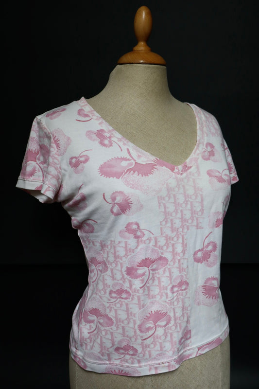 Dior by John Galliano S/S RTW 2004 girly collection T-shirt, pink cherryblossom oblique print size M/L