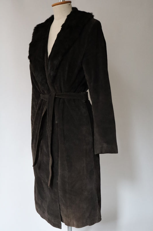 Dark Brown suède coat with fur collar - size L - vintage Nafnaf