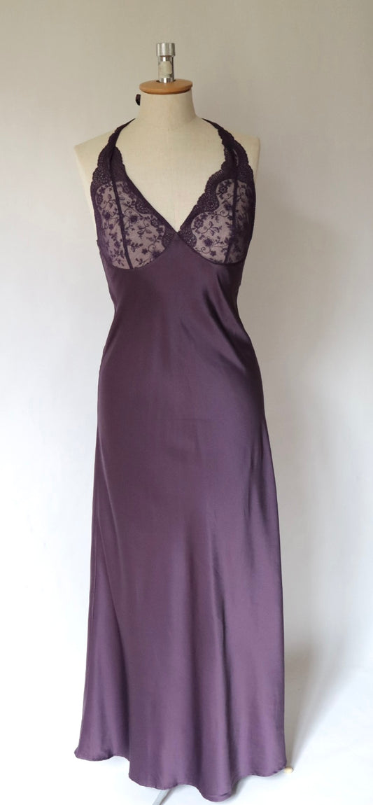 Vanity Fair long satin purple slipdress with lace details size M