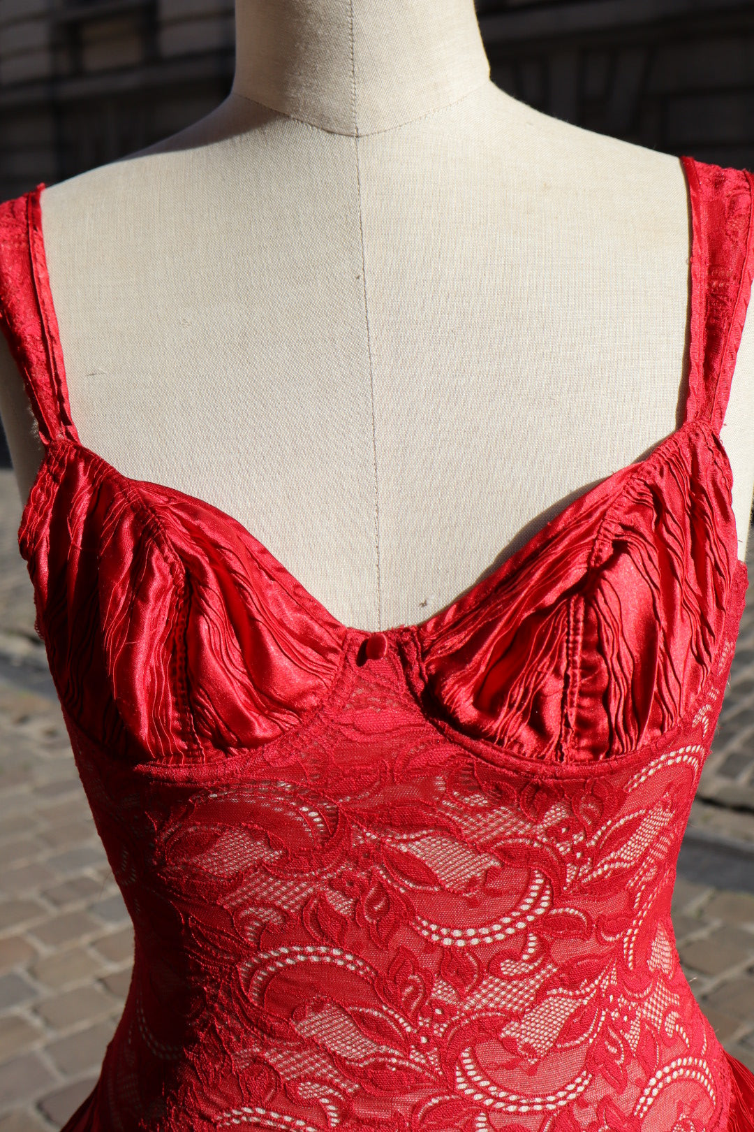 Red lace body with satin cups, size XS