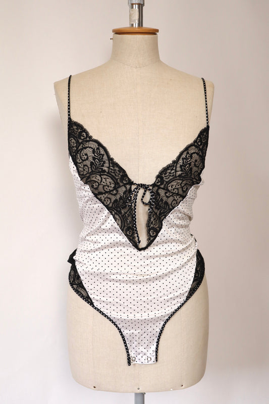 White body with black lace and polka dots size Large