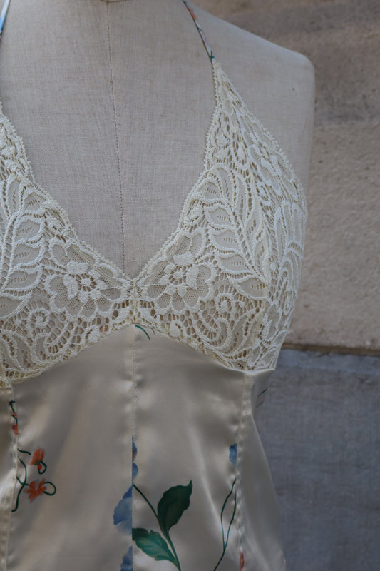 Satin flower print body with lace top, size M / L