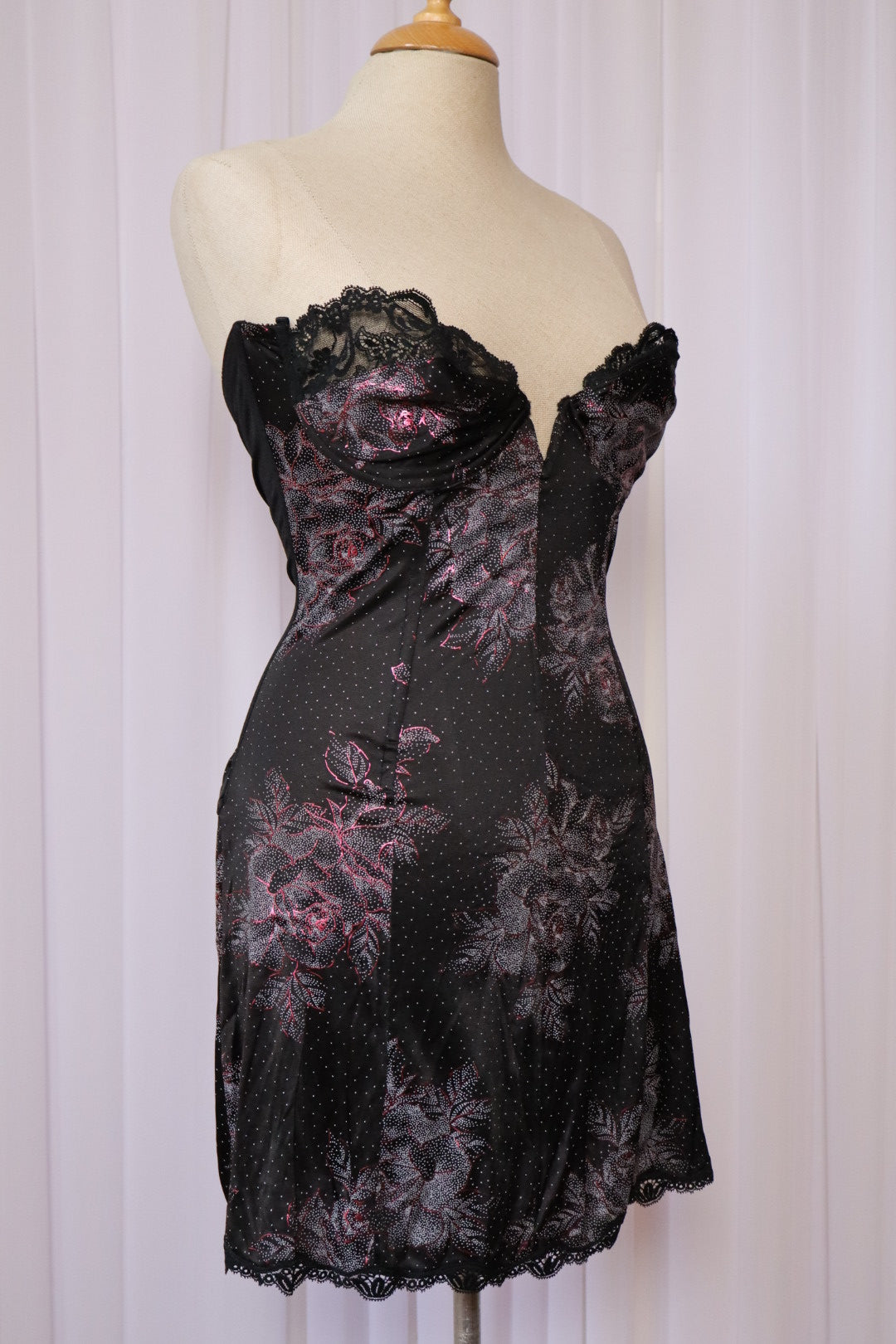 1980’s strapless black slipdress with floral pattern - size M, Made in Italy