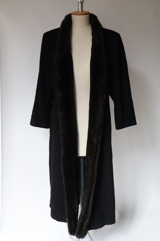 Long black coat with faux fur trim, size XL