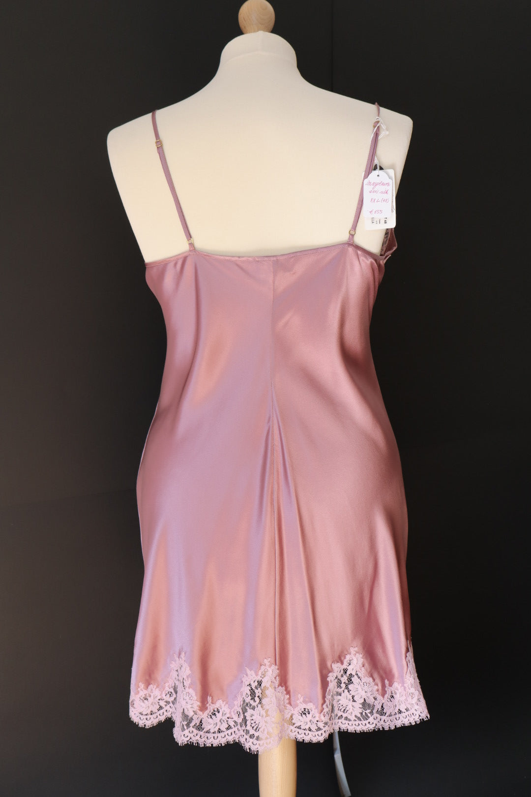 100% silk pink slipdress with lace details by Marjolaine, size XXXL