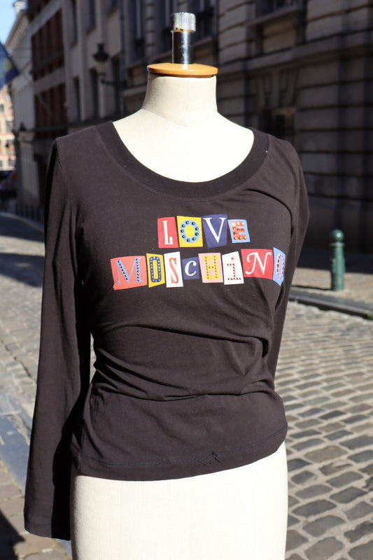 LOVE MOSCHINO longsleeve, cutout patchwork letters, size L