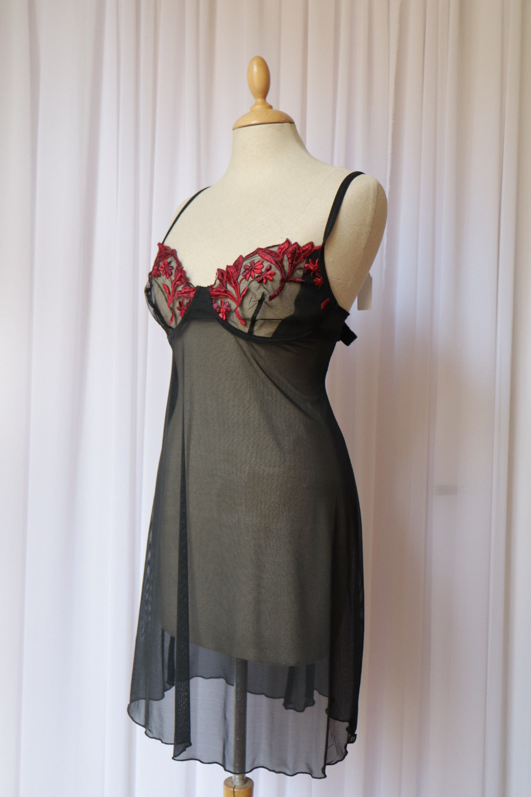 Sheer black slipdress with red lace details, size L