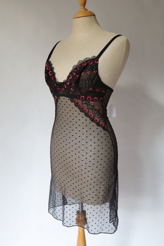 Transparent slipdress size S black with pink lace flowers on the cups