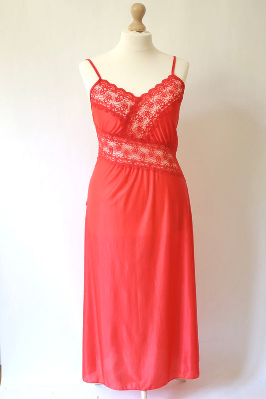 Red long slipdress with deep slit on the side and lace details , size XL