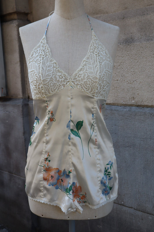 Satin flower print body with lace top, size M / L