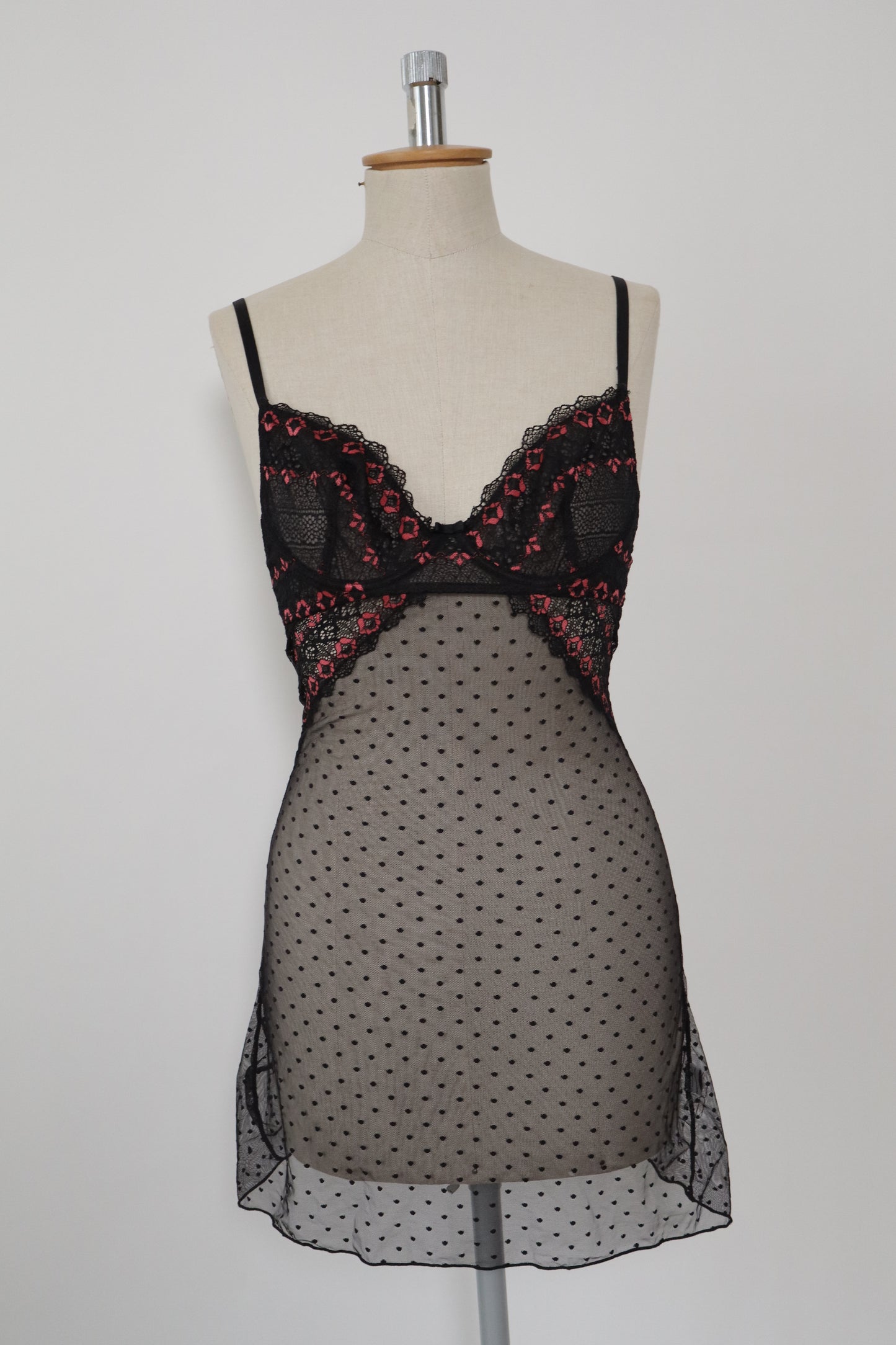 Transparent slipdress size S black with pink lace flowers on the cups