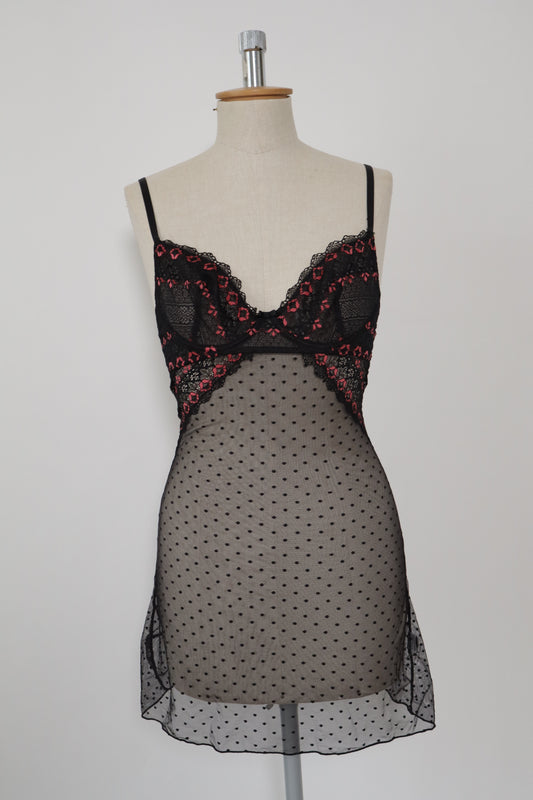 Transparent slipdress size S black with pink lace flowers on the cups