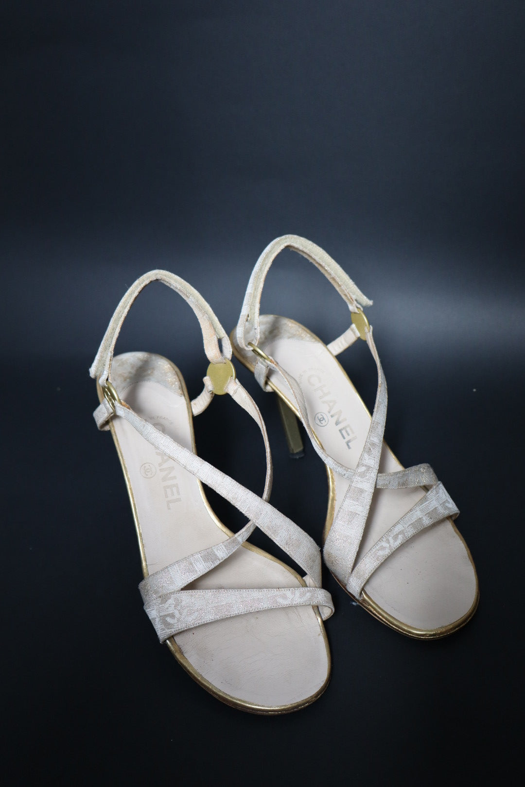 Chanel gold travel line strappy heels - size 40 (us 9)