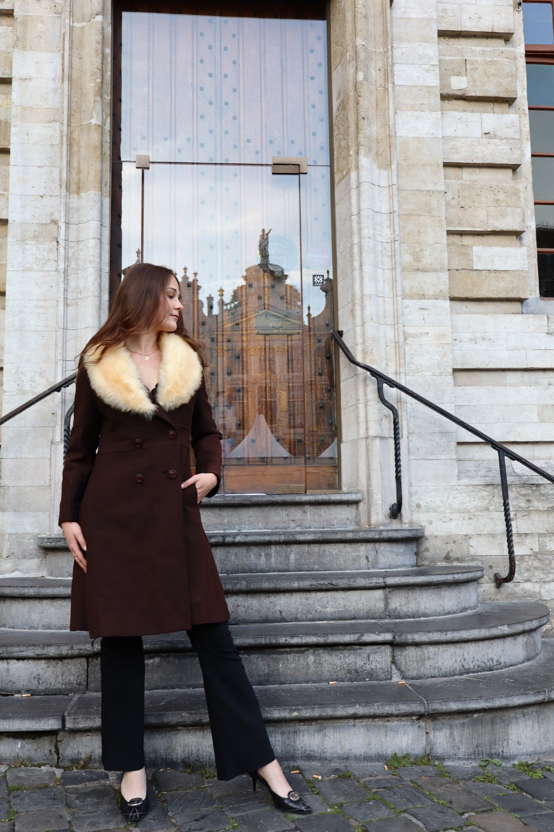 Long brown coat with fur collar, sizes S up to L