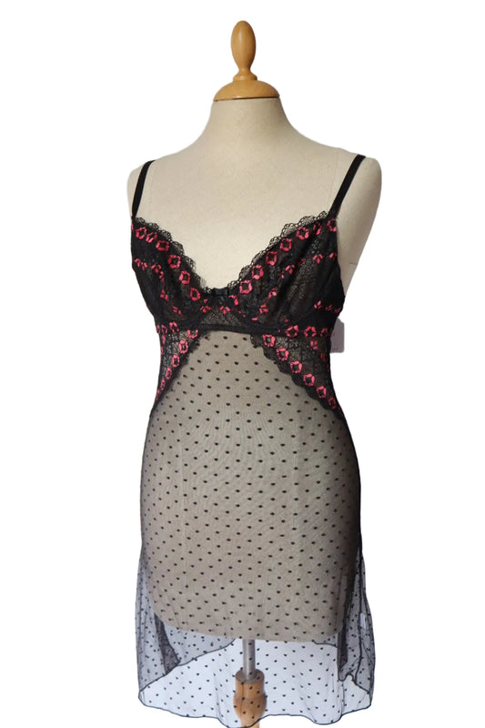 Transparent slipdress size S black with pink lace flowers on the cups